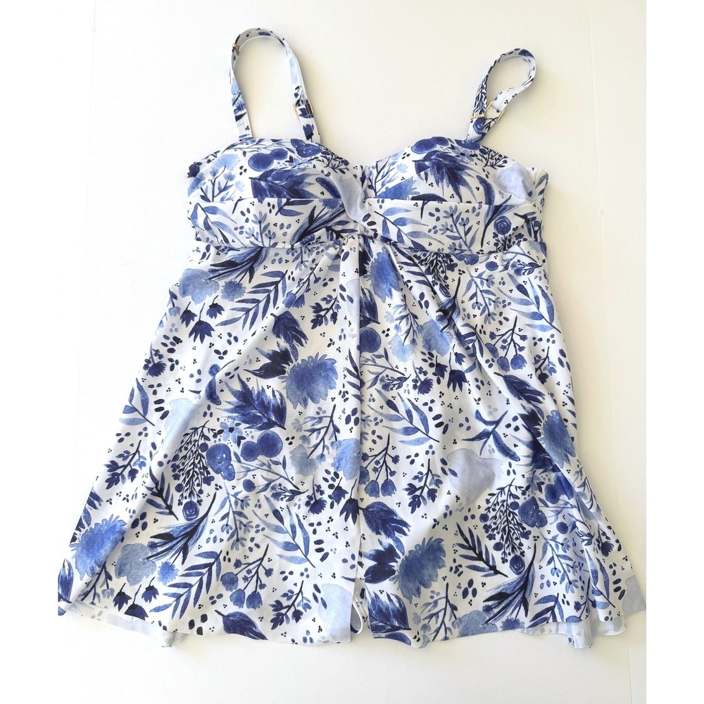 Nicole Miller Blue Botanical Watercolor Tankini L Grandmillennial Cottagecore